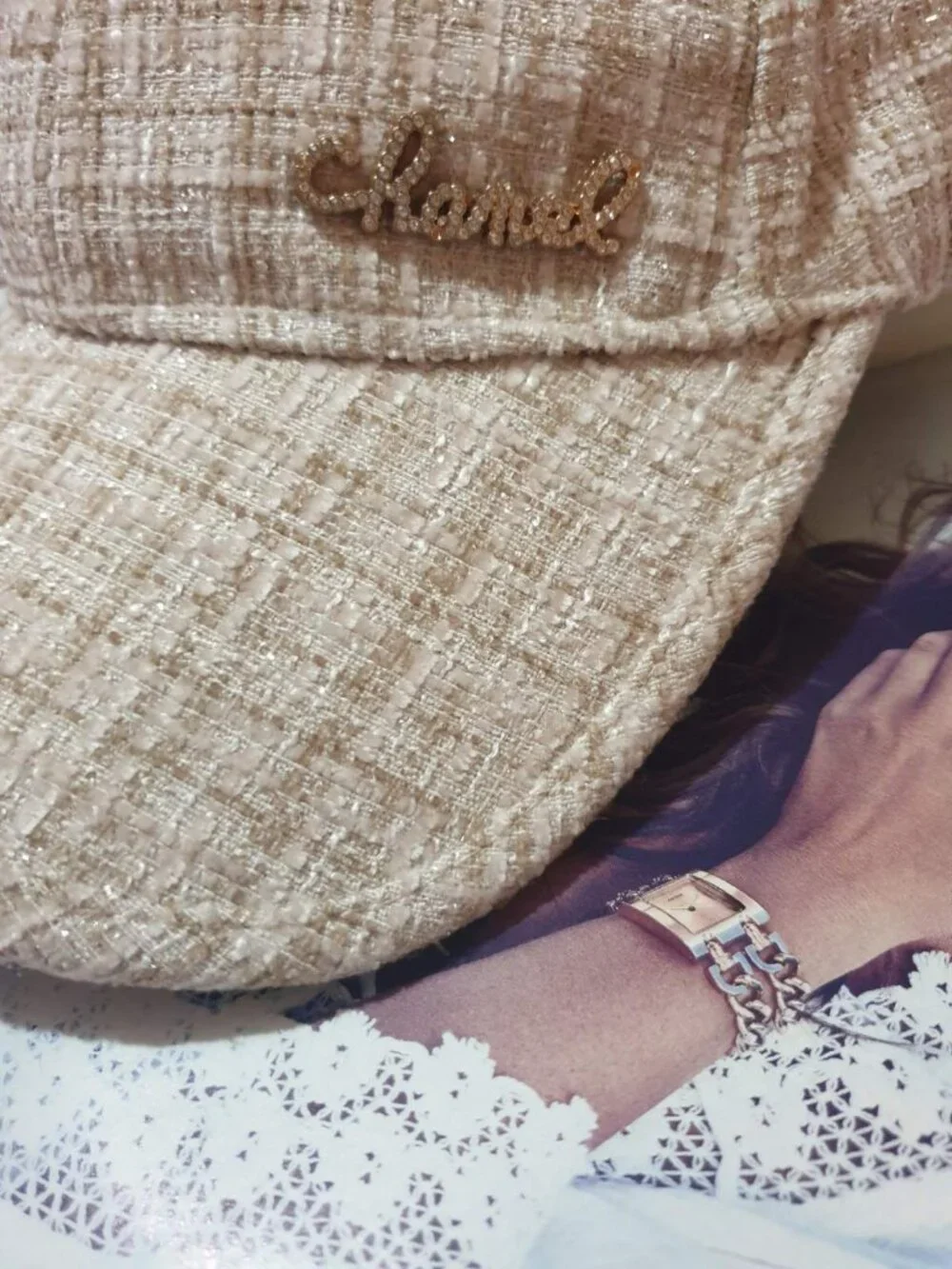 Baseball Hat Cap Cream Gold Tweed Women Girls fashion Casual Formal Accessory